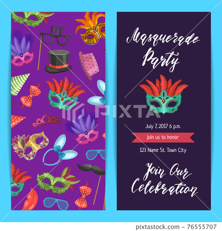 party invitation template with masks and party accessories 76555707