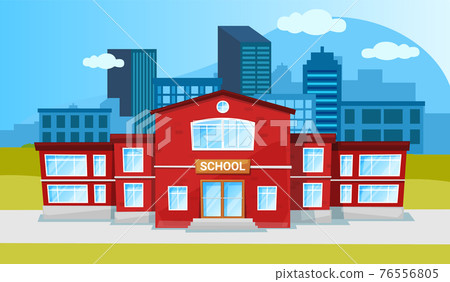 School building two-story red construction cartoon flat style. Sructure for children in cityscape School building two-story red construction cartoon flat style. Sructure for children in cityscape 76556805