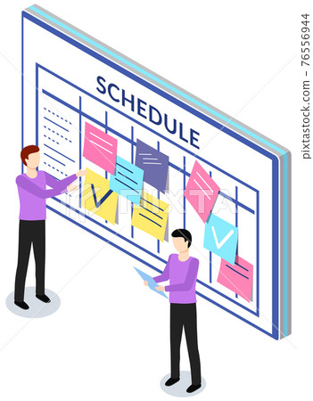 Employees planning schedule for week. Timetable with to-do plans. Men are looking at reminder 76556944