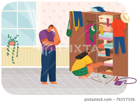 Family doing housework, couple man and woman clean house, putting clothes in wardrobe or closet Family doing housework, couple man and woman clean house, putting clothes in wardrobe or closet 76557356