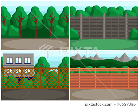 Set of illustrations about landscape design of places for recreation and events. Trees behind fences 76557380