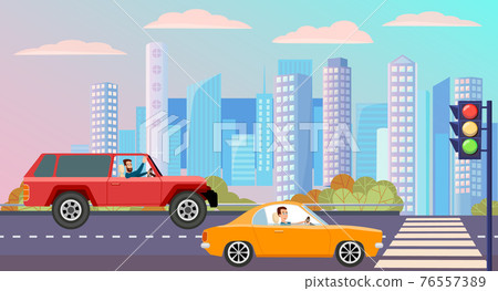 Modern car parking along town street in cartoon style. Vehicles car on city street 76557389