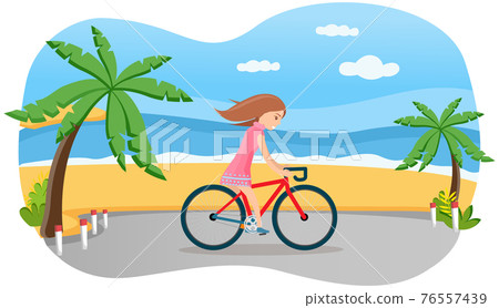 Girl riding in park. Woman rides bicycle on coast road. Female character doing sports outdoors Girl riding in park. Woman rides bicycle on coast road. Female character doing sports outdoors 76557439