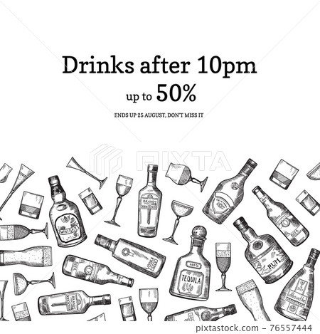 hand drawn alcohol drink bottles and glasses background illustration 76557444
