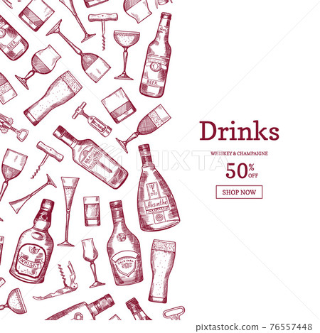 hand drawn alcohol drink bottles and glasses background illustration with place for text 76557448