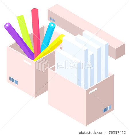 Pen holder, office equipment. Pencils and stacks of paper in plastic box vector illustration 76557452