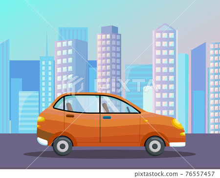 Modern car parking along town street in cartoon style. Vehicles car on city street 76557457
