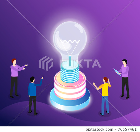 Guy examines new invention and come up with startup. Male characters develop creative business idea Guy examines new invention and come up with startup. Male characters develop creative business idea 76557461