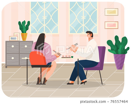 Young couple eating sushi in restaurant together. Male and female characters with japanese food Young couple eating sushi in restaurant together. Male and female characters with japanese food 76557464