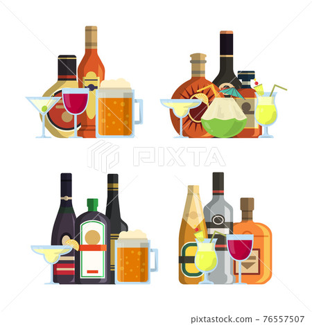 piles of alcoholic drinks in glasses and bottles in flat style set piles of alcoholic drinks in glasses and bottles in flat style set 76557507