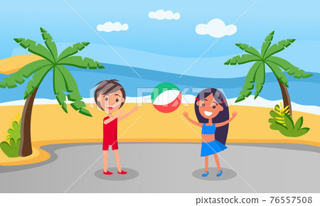 Kids having fun, throwing ball and playing volleyball at summer resort near sea and palm trees 76557508