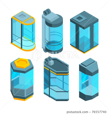 Various glass elevators with steel gates and panels. Isometric pictures 76557740
