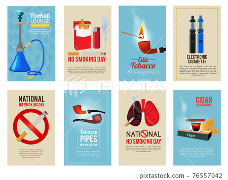 Different cards with illustrations of various tools for smokers 76557942