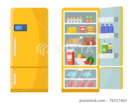 illustrations of empty and closed refrigerator with different healthy food illustrations of empty and closed refrigerator with different healthy food 76557993