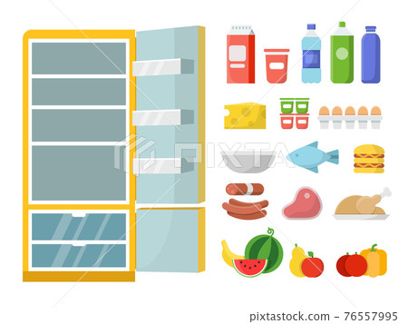 Empty refrigerator and different food. flat illustrations Empty refrigerator and different food. flat illustrations 76557995