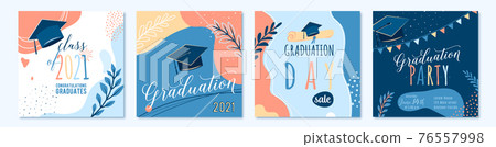 Graduate 2021 vector backgrounds, sale offer banner, greeting cards, party poster. Trendy design congratulation graduation with diploma, cap, plant, dot, organic shape. Modern art in minimalist style Graduate 2021 vector backgrounds, sale offer banner, greeting cards, party poster. Trendy design congratulation graduation with diploma, cap, plant, dot, organic shape. Modern art in minimalist style 76557998