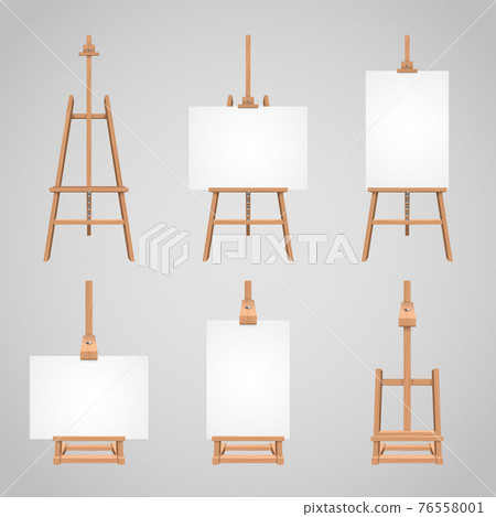 Set illustrations of canvases standing on wooden easels 76558001