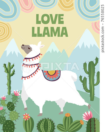 Background picture of llama, mountains and cactus. Cartoon illustrations for poster design template Background picture of llama, mountains and cactus. Cartoon illustrations for poster design template 76558025