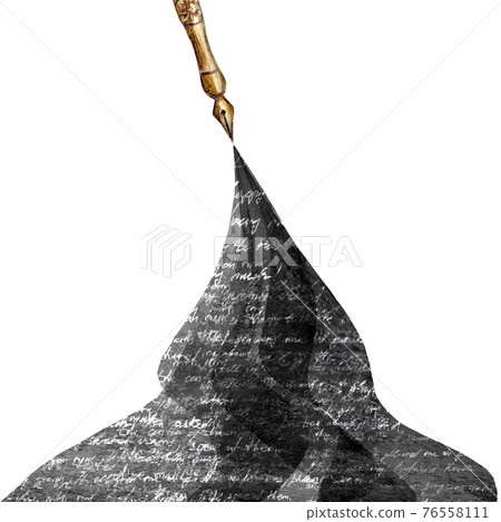 Watercolor vintage style fountain pen with spilled ink with black abstract text on white background Watercolor vintage style fountain pen with spilled ink with black abstract text on white background 76558111