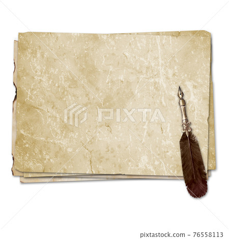 Vintage style fountain feathers pen with sheets of old aged yellow brown faded paper Vintage style fountain feathers pen with sheets of old aged yellow brown faded paper 76558113