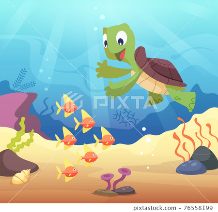 Sea underwater background with cartoon turtle Sea underwater background with cartoon turtle 76558199