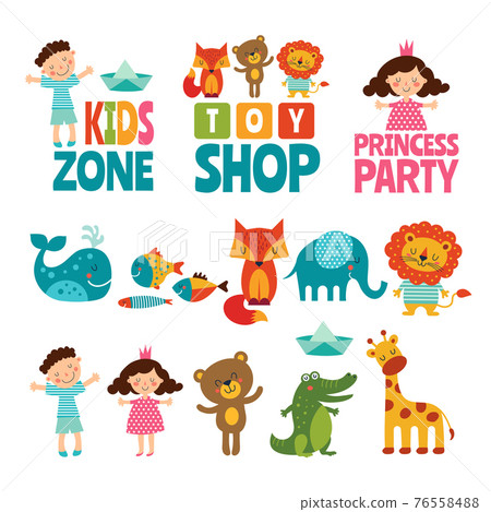 Funny illustrations of kids and animals. logos for childrens 76558488