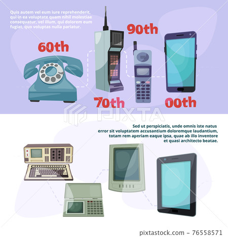 Visualization of technological progress. Banners set with different retro gadgets Visualization of technological progress. Banners set with different retro gadgets 76558571