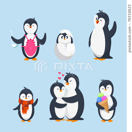 Funny pinguins in different action poses. Cartoon mascots isolate Funny pinguins in different action poses. Cartoon mascots isolate 76558625