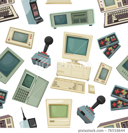 Seamless pattern with different vintage computers and gadgets 76558644