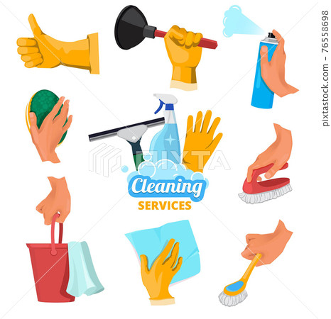 Colored symbols for cleaning service. Hands holding different tools 76558698