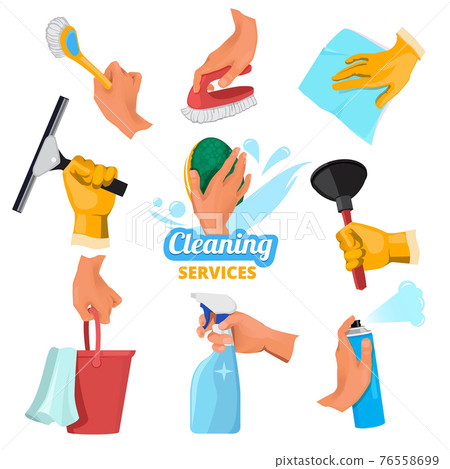 Womens hands with different tools for cleaning 76558699