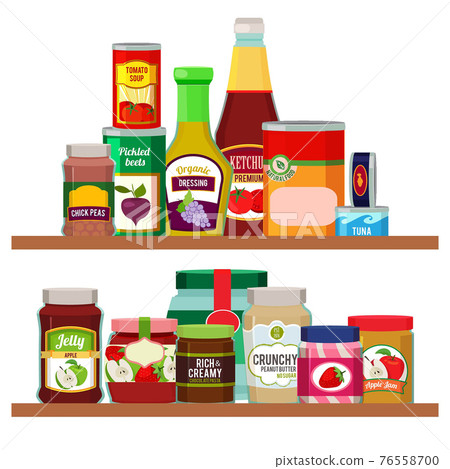 Supermarket foods. Grocery items on shelves 76558700