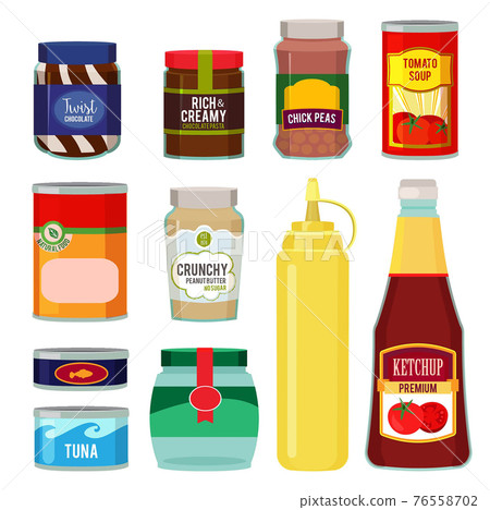 Illustrations of canned goods. Conservation of tomato, fish, vegetables and other foods 76558702