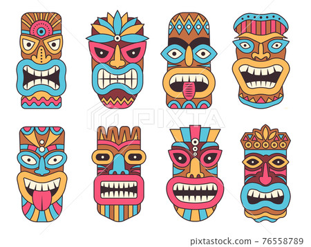 Hawaiian mask of tiki god. Wooden african sculpture Hawaiian mask of tiki god. Wooden african sculpture 76558789