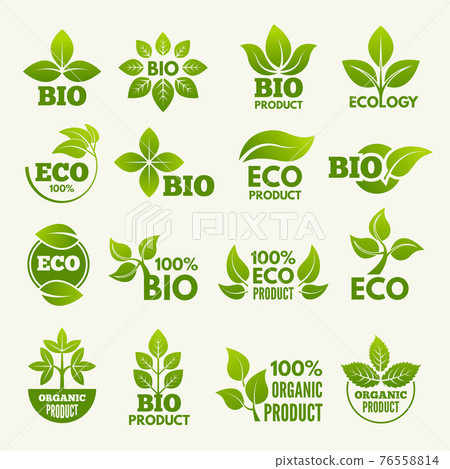 Organic eco logos and labels with illustrations of leaves Organic eco logos and labels with illustrations of leaves 76558814
