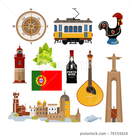 Historical symbols of Portugal Lissabon. icon set in flat style 76558826
