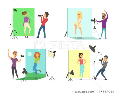 Models male and female posing for photos. Photographers at works in the photo studio 76558948