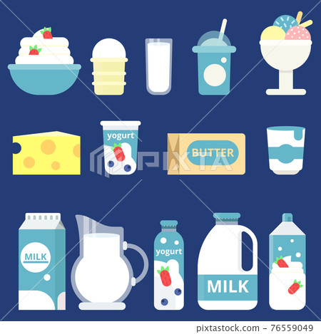Illustrations of milk products. Cream, yogurt and cheese 76559049