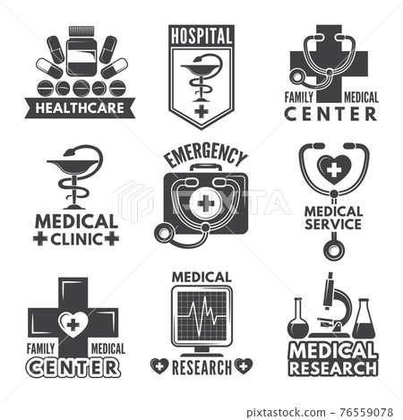 Pharmacy, chemistry or medicine labels set. monochrome logos template 76559078