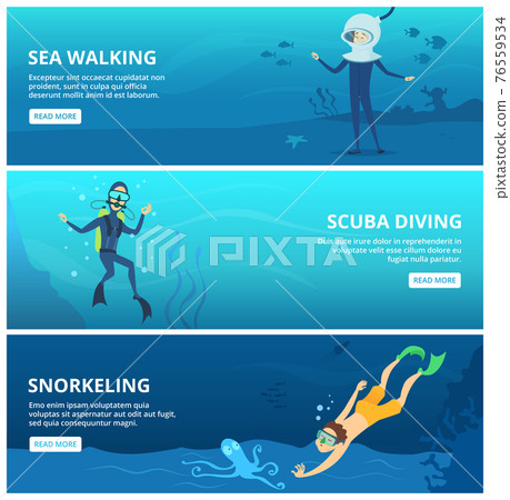 Horizontal banners with sea scuba divers. Funny cartoon characters Horizontal banners with sea scuba divers. Funny cartoon characters 76559534