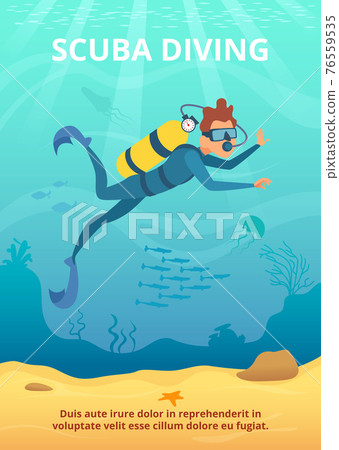 Underwater background picture with cartoon diver 76559535