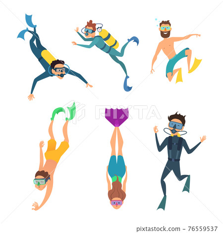 Set of cartoon characters. Underwater divers Set of cartoon characters. Underwater divers 76559537