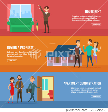 Business concept illustrations set. Real estate agents selling different buildings to happy family couples Business concept illustrations set. Real estate agents selling different buildings to happy family couples 76559542