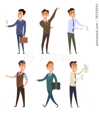Real estate agents selling different buildings. Set of business characters Real estate agents selling different buildings. Set of business characters 76559543