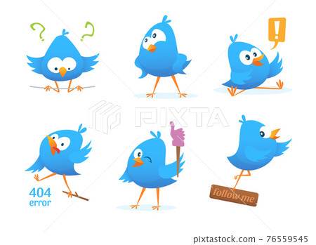 Funny characters of blue birds in action poses Funny characters of blue birds in action poses 76559545