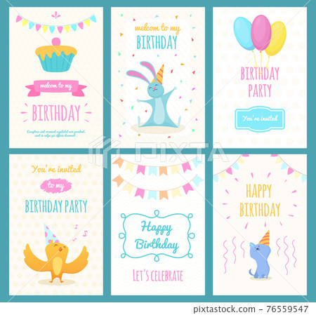 Design template of cards with illustrations of different exotic cartoon animals Design template of cards with illustrations of different exotic cartoon animals 76559547