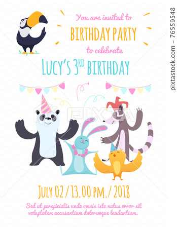 Design template of invitation to kids party. Illustrations of funny animals Design template of invitation to kids party. Illustrations of funny animals 76559548