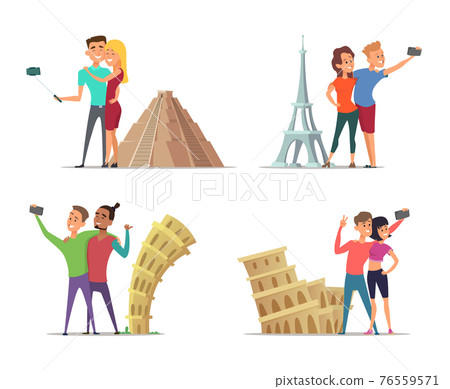 Happy couples make selfie near landmarks. characters in cartoon style Happy couples make selfie near landmarks. characters in cartoon style 76559571