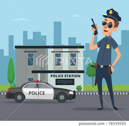 Building of police station and cartoon character of policeman 76559585