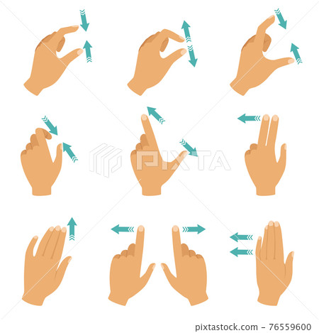 Hands and fingers touching screen of laptops, tablet and smartphones 76559600